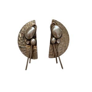 Vintage Paco Designs 80s Fashion Post Earrings Art Deco White Metal Faux Pearls